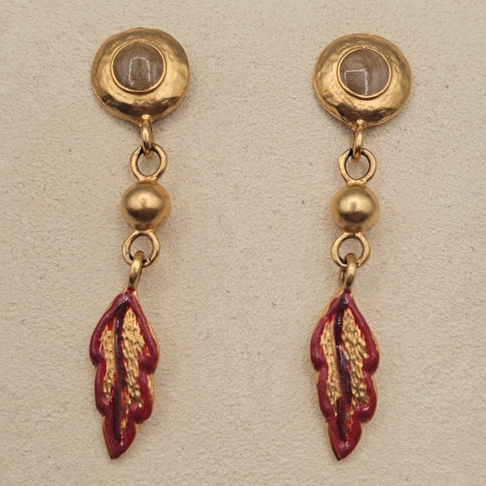 Leaf Dangle Earrings Gold Tone Red Enamel 2 inch Drop Stud Hand Painted